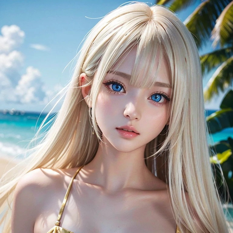 Bust shot, , beautiful girl with perfect beautiful face, shiny shiny white shiny skin with firmness, bangs between eyes, under blue sky, very long and straight shiny beautiful baby blonde, super long straight hair, eyeliner, sexy and beautiful , clear beautiful light blue big eyes, beautiful and bright girl、all nude