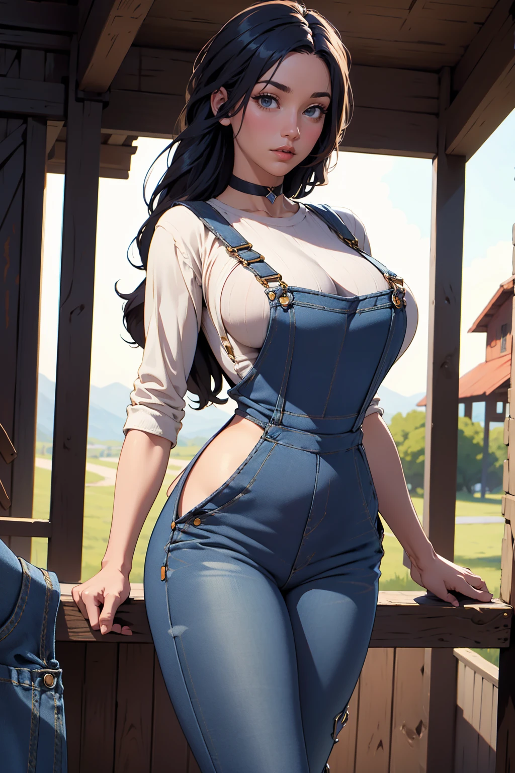 Cowgirl, sexy body, big breasts, black hair, blue eyes, big hip, corset, cowboy hat, gloves, high heels boots, short jeans, wild west, brown dress, holstered revolver