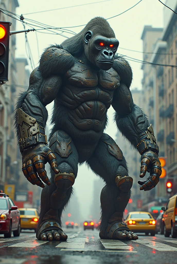 Rabid mechanical gorilla in a futuristic urban city
