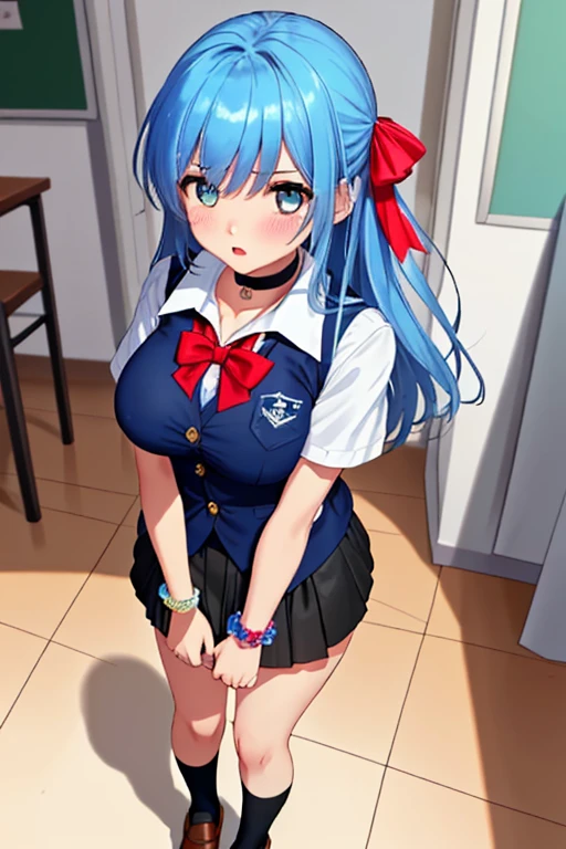 masterpiece, best quality, ultra-detailed, illustration, colorful, flat color, depth of field, lens flare, 1girl, hoshimachi suisei, anime, sitting, blue hair, looking at viewer, school, classroom, bra, panties, detailed skin texture, detailed cloth texture, beautiful detailed face, small breasts