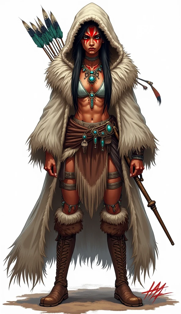 a naked elf maiden, fur cloak, fur boots, no weapons, leather belts, masterpiece, best quality, (extremely detailed CG unity 8k wallpaper), (best quality), (best illustration), (best shadow), absurdres, realistic lighting, (Abyss), beautiful detailed glow, art by PeterMohrBacher,