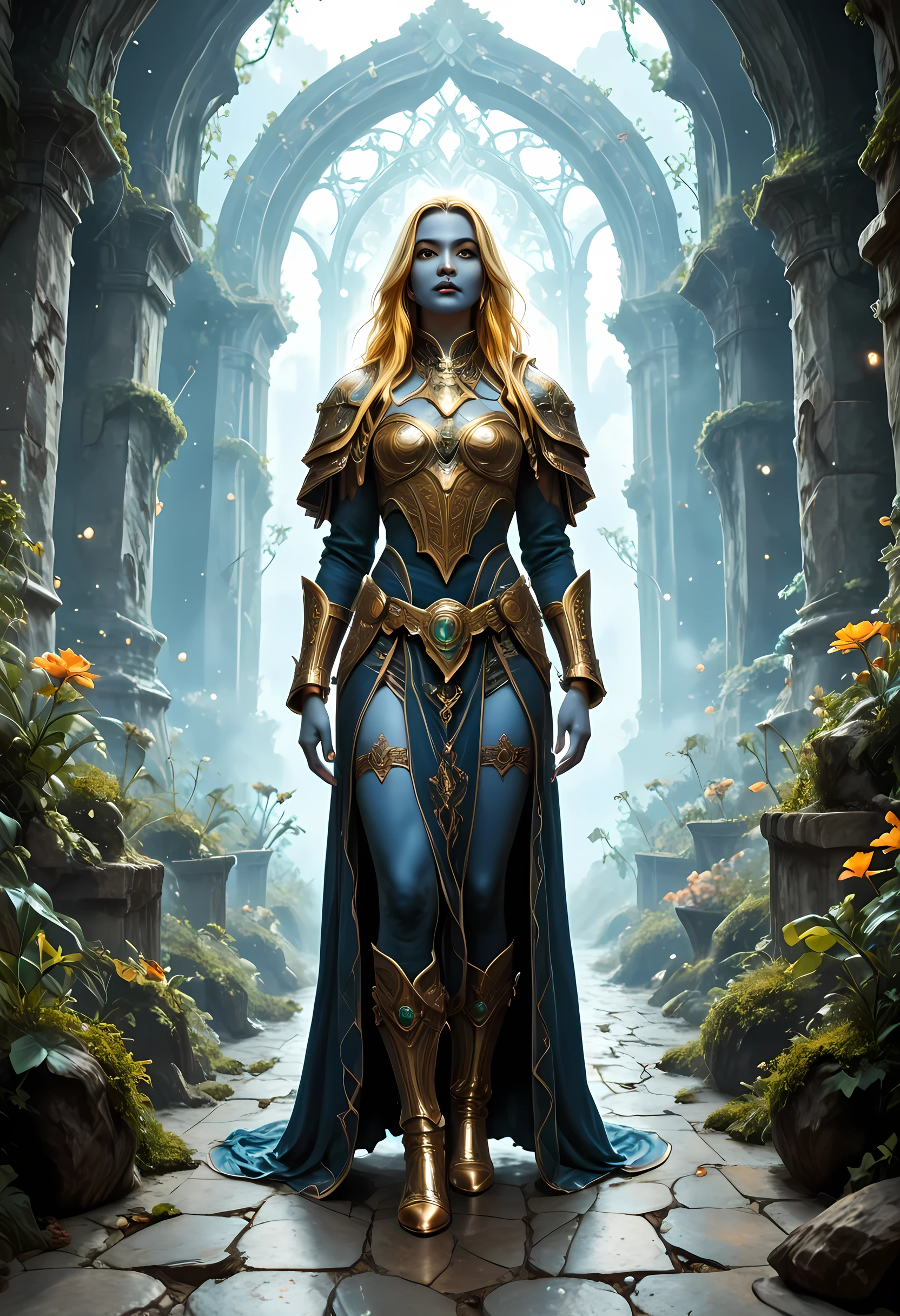portrait of a female cleric ((dark blue skin: 1.5)), intense details facial details, exquisite beauty, cleric, ((dark blue skin)) female, ((yellow hair)), long hair, (((no ears))), (green eyes)), armed with a fiery sword red fire, wearing (twilight priestly combat vestments: 1.5), wearing white armor, wearing high heeled laced boots, wearing white armor, wearing an (orange cloak:1.3), wearing glowing holy symbol, fantasy art, dnd art, RPG art, wide shot, (masterpiece: 1.4) intense details, highly detailed, photorealistic, best quality, highres, within fantasy temple background, reflection light, high details, best quality, 16k, [ultra detailed], masterpiece, best quality, (extremely detailed), close up, ultra wide shot, photorealistic, RAW, fantasy art, dnd art, fantasy art, realistic art,((best quality: 1.5)), ((masterpiece: 1.5)), (detailed), perfect face, strapless, lace up stilettos, fantasy, Cinematic Shot, dvr-hgh-fnt, d4f4b
