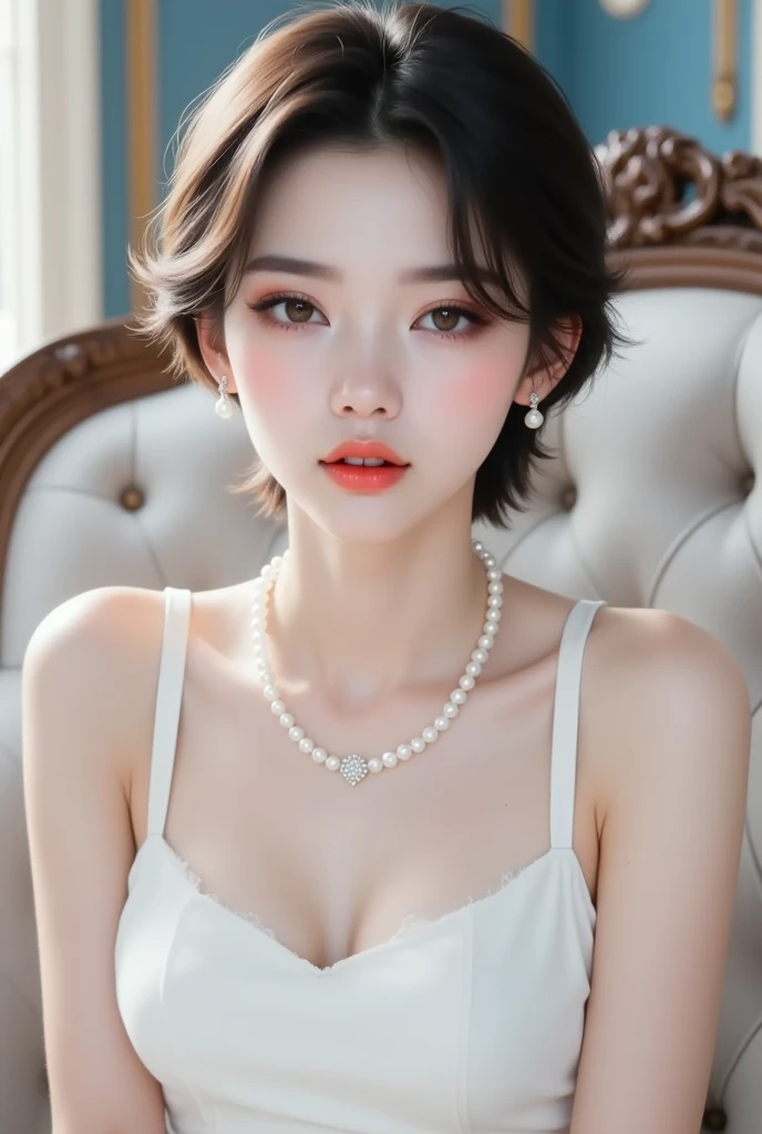 (Photorealistic, 32k, RAW photo, best quality:1.4), (masterpiece:1.3), (ultra high resolution, ultra realistic, highly detailed, golden ratio, ultra detailed), 1 beautiful woman, natural makeup, intricate cloth texture, finely detailed hair texture, beautiful full-body, perfect female form, anatomically accurate, highly detailed face and skin, (elegant hands), (realistic skin), (beautiful pale skin:1.1), (extreme close-up:2.0), (Oversized Breasts), (Wearing white Ball Gown:1.5), (Tiara, Earrings, Pendant), 
BREAK,
realistic eyes, captivating detailed eyes, symmetric eyes, light brown eyes, double eyelids, thin eyebrows, (glossy lips:1.4), (kissable expression, blush:1.3), 
BREAK,
((short bob cut, dark brown hair, bangs:1.2)), (Late Night, Moonlit night, Castle balcony:1.3)