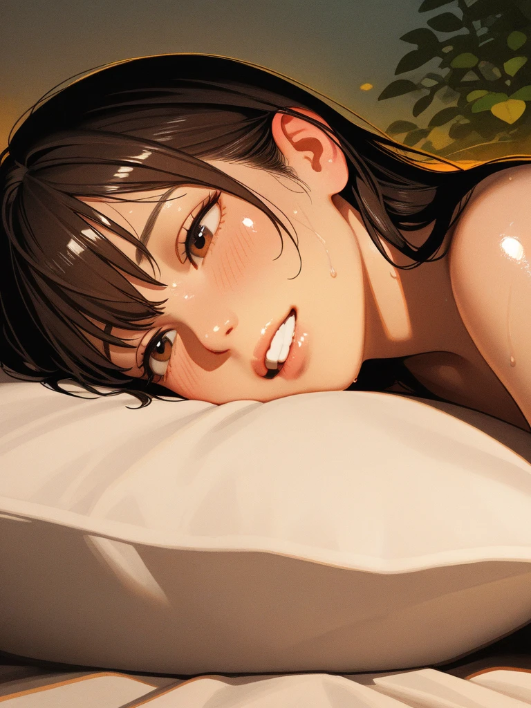 high quality, detailed, Realistic, (one japanese boy), (detailed black eyes), (abs:0.7), (shiny skin), detailed nipples, black hair, (black tiny thong), (erected bulge), summer noon, (smile:0.7), close up face, laying on my side shot,