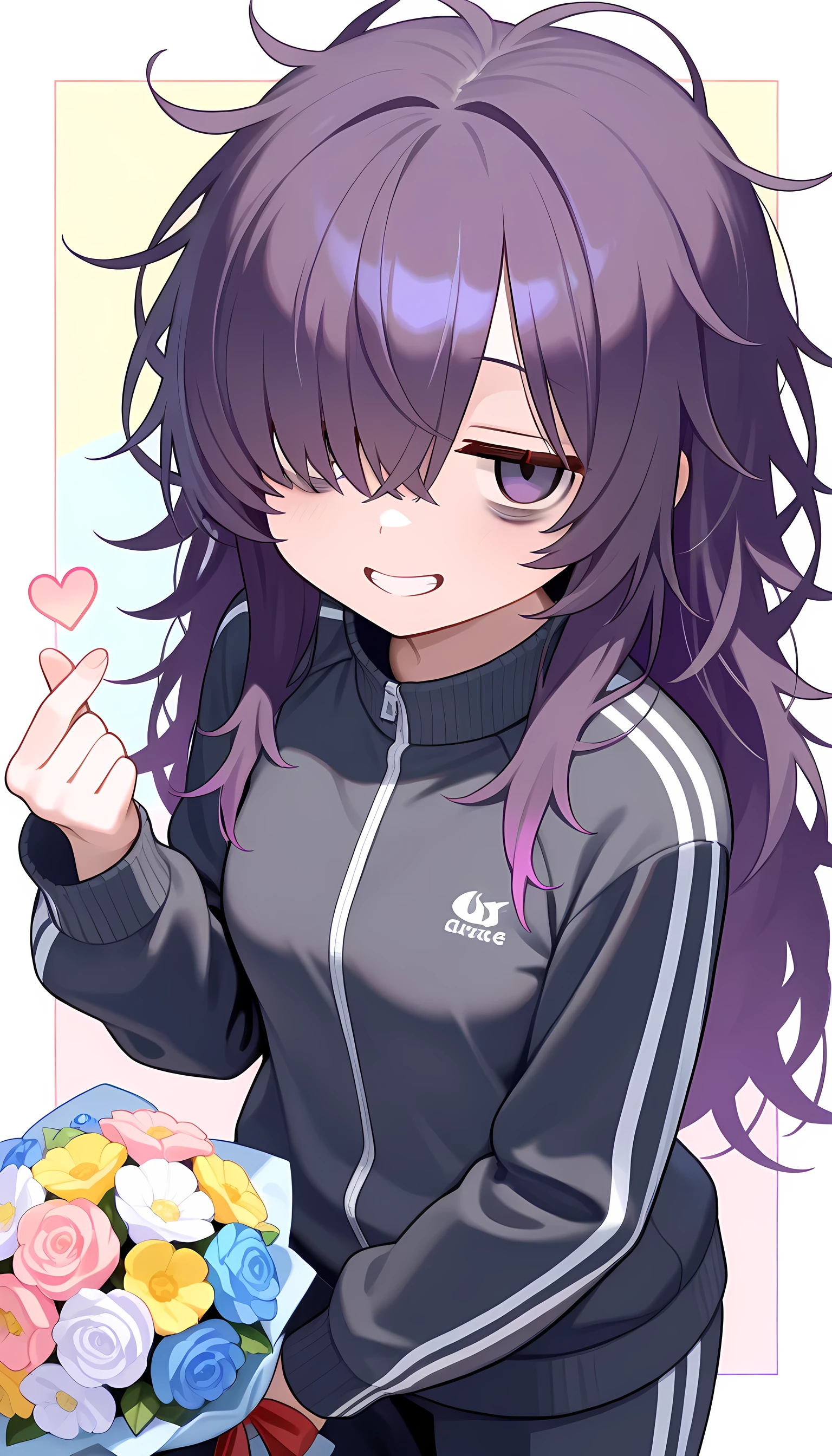 masterpiece, best quality, high quality, good quality, pastel colors, colorful, masterpice,deformed style ,1girl,solo,long hair,dark purple hair, ((messy hair)), hair over one eye, (hair over right eye),((comic jitome)) ,(bags under eyes) ,grin , small breasts,petite, (black tracksuit ) , (finger heart ),holding a flower bouquet
