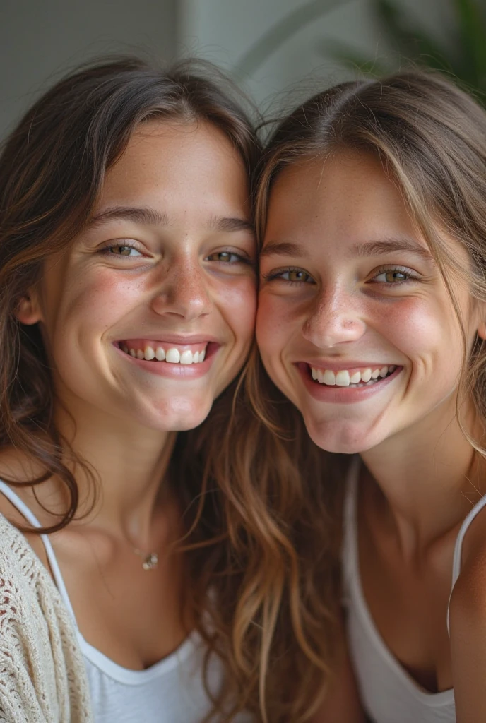 2 girl, brown hair, smile, physique: smallest belly ever, flat chest, skinny face, white wall, no decoration, jean shorts, black shirt, lying on stomach on bed, looking smiling on camera, photo from behind
