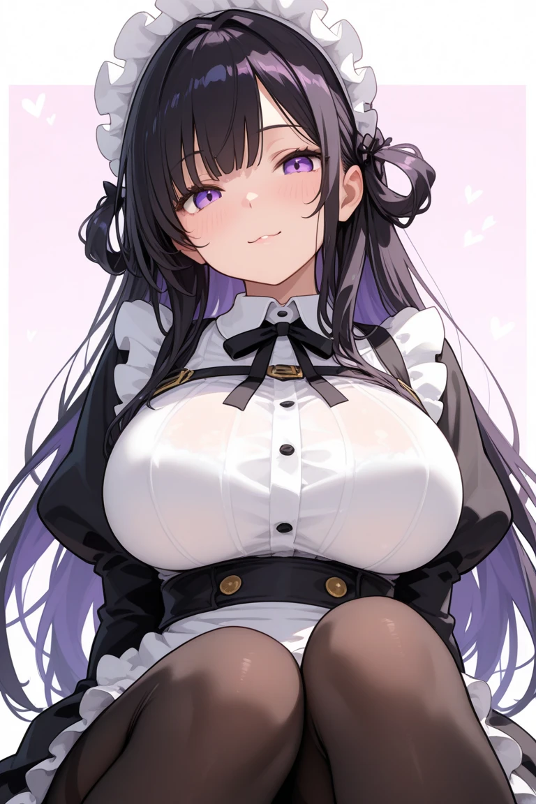 High quality, masterpiece, ultra-detailed, 1girl, thighband pantyhouse, bunny maid outfit, peaceful expression, long black hair, enchanting purple eyes, bunny ears, ridiculously large breasts, grabbing own breast, shiny skin, bedroom