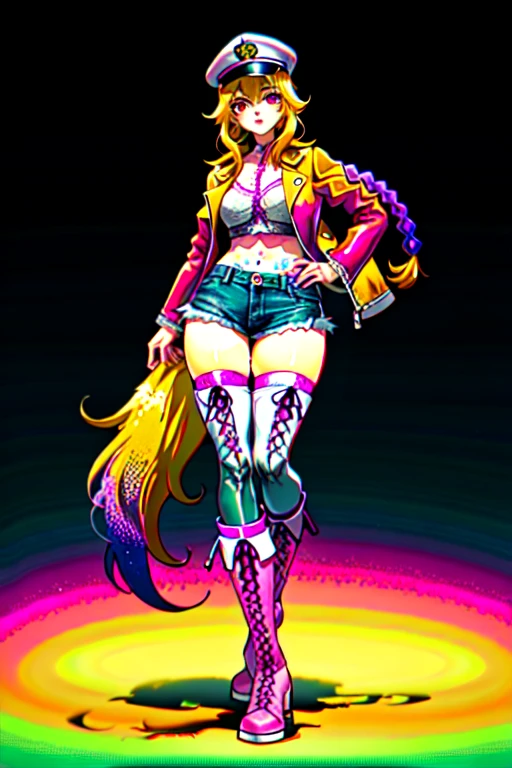 masterpiece, best quality, high resolution, city background, uhd, blond hair, comsic bright glowing dress, kawacy, young, (fantasy 1.5) pigtails hair, 4k, rainbow, kodak, stockings, nylon, brilliant,  running, wide range, magical girl, lingerie, strong emotion, in love, singing, demon, devil, angel, divine, make up, lipstick eyeshadow thick lashes, over proportion,  monster features,  alien features, summer time, freckles, voluptuous, bimbo