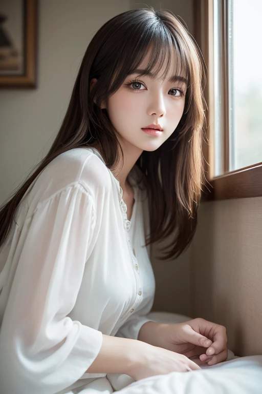 A photo of a beautiful girl sitting on a chair, with a sad atmosphere. Her expression is sorrowful, and the setting around her is subdued, with muted colors and soft lighting that enhances the melancholic mood. The background is simple and uncluttered, focusing attention on her emotions.
