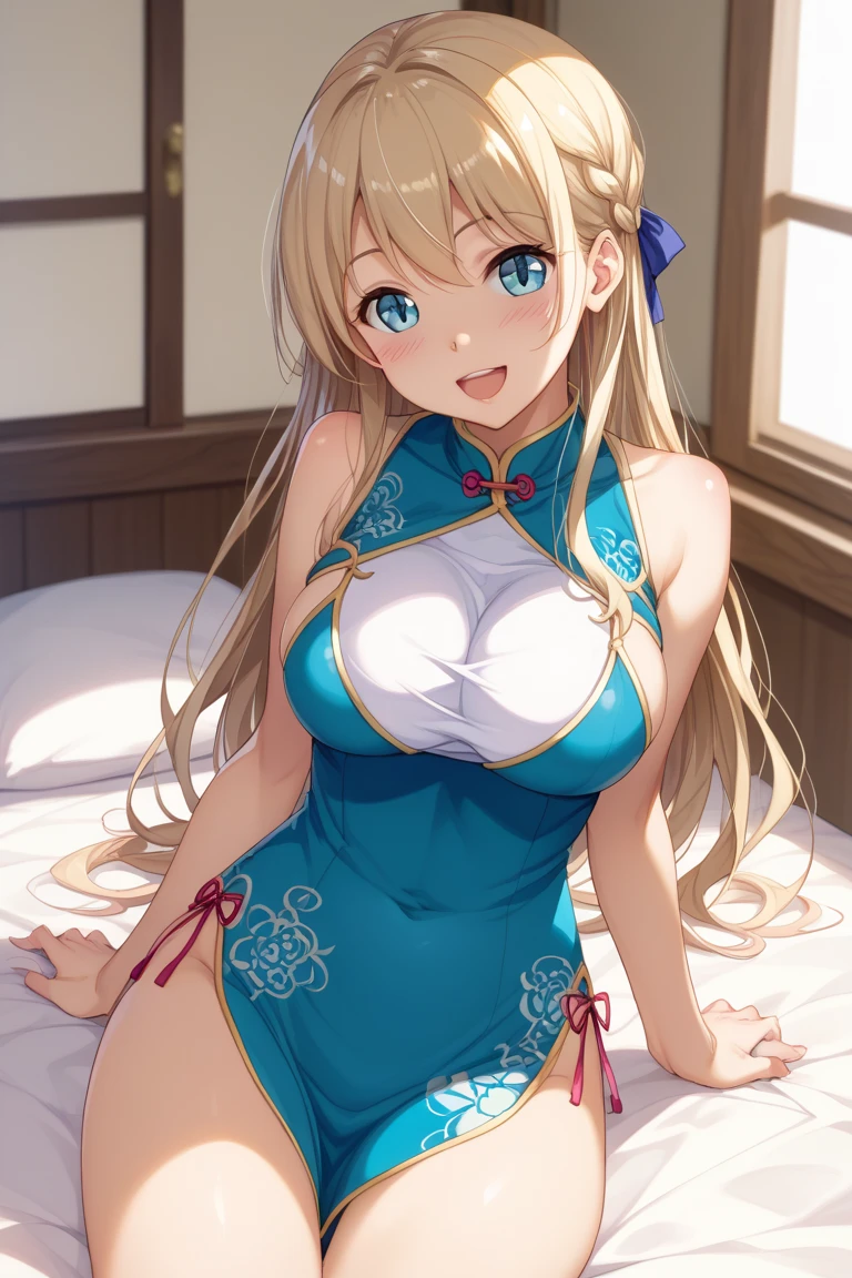 ((highest quality、High resolution、masterpiece))、Portrait、A beautiful woman、Perfect body、Beautiful ample breasts、Nipples、Long blonde、bangs、Blue and white、Embellished blue sexy dress、No panties、Embarrassed、Legs wide open、(((POV、Having sex、orgasm)))、Creampie