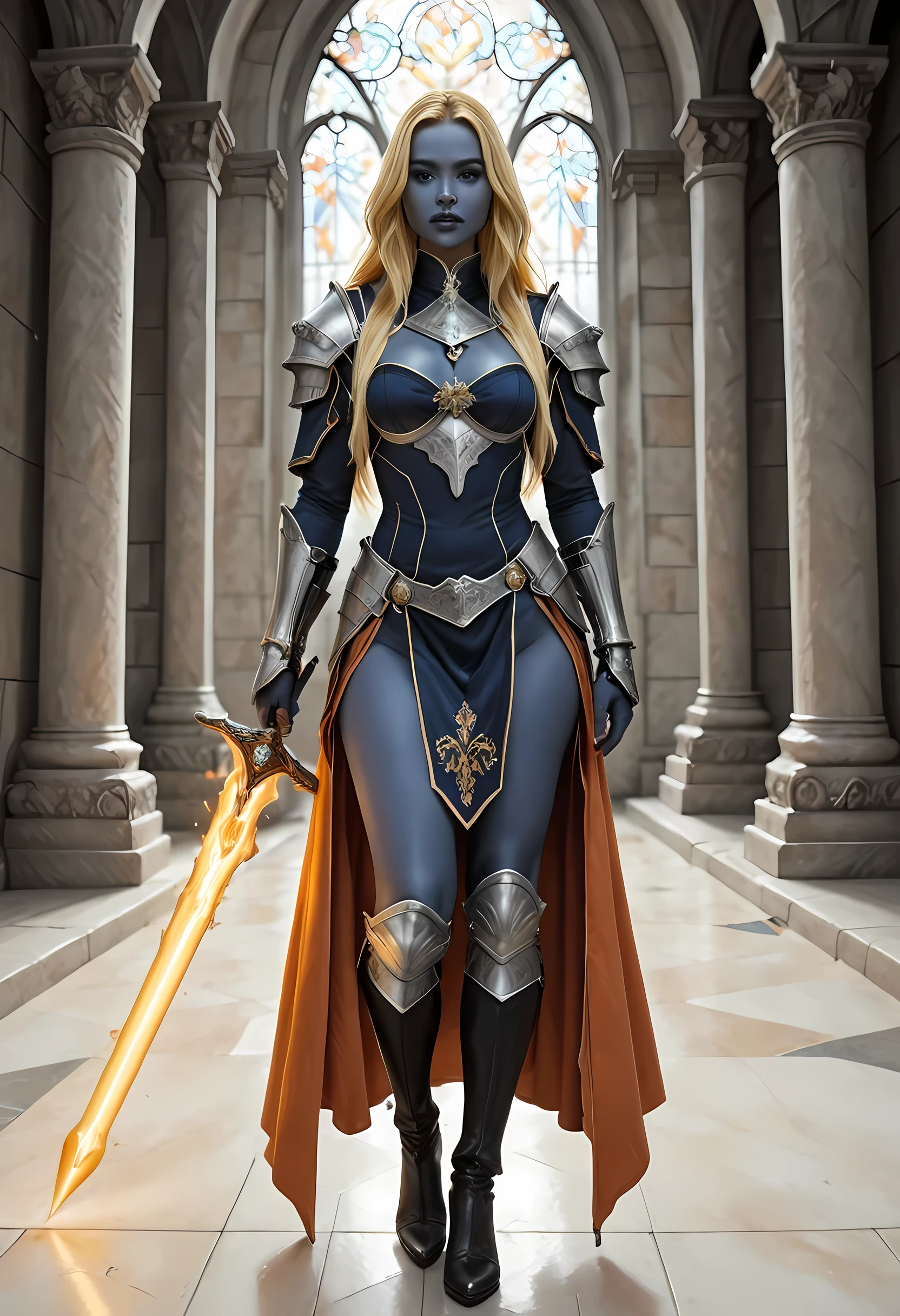 portrait of a female cleric ((dark blue skin: 1.5)), intense details facial details, exquisite beauty, cleric, (dark blue skin: 1.5)) female, ((yellow hair: 1.5)), long hair, (((no ears: 1.5))), (green eyes: 1.3), armed with a fiery sword red fire, wearing (twilight priestly combat vestments: 1.5), wearing white armor, wearing high heeled laced boots, wearing white armor, wearing an (orange cloak:1.3), wearing glowing holy symbol, fantasy art, dnd art, RPG art, wide shot, (masterpiece: 1.4) intense details, highly detailed, photorealistic, best quality, highres, within fantasy temple background, reflection light, high details, best quality, 16k, [ultra detailed], masterpiece, best quality, (extremely detailed), close up, ultra wide shot, photorealistic, RAW, fantasy art, dnd art, fantasy art, realistic art,((best quality)), ((masterpiece)), (detailed), perfect face, strapless, lace up stilettos, fantasy, ArmoredDress