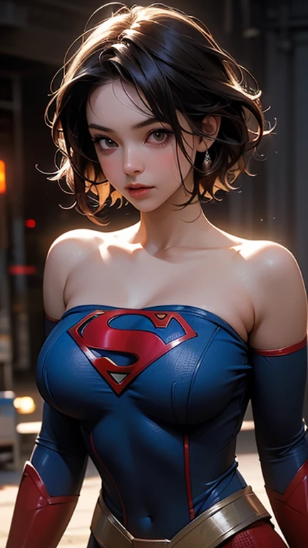 ​masterpiece、Short-haired Supergirl fell into a quagmire、large full breasts、Looking at the camera、Glossy costume、Crotch、Mud stains、Covered in mud、wounded