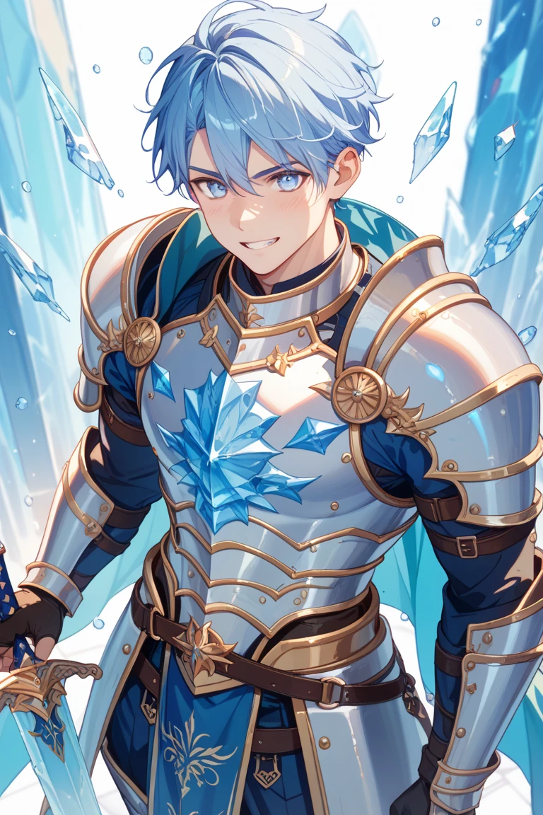 blue and ice silver color armor, wearing shining armor, masterpiece, 4k, eugeo (sword art online), 1 boy, knight, black and white, lineart, manga, sketch art