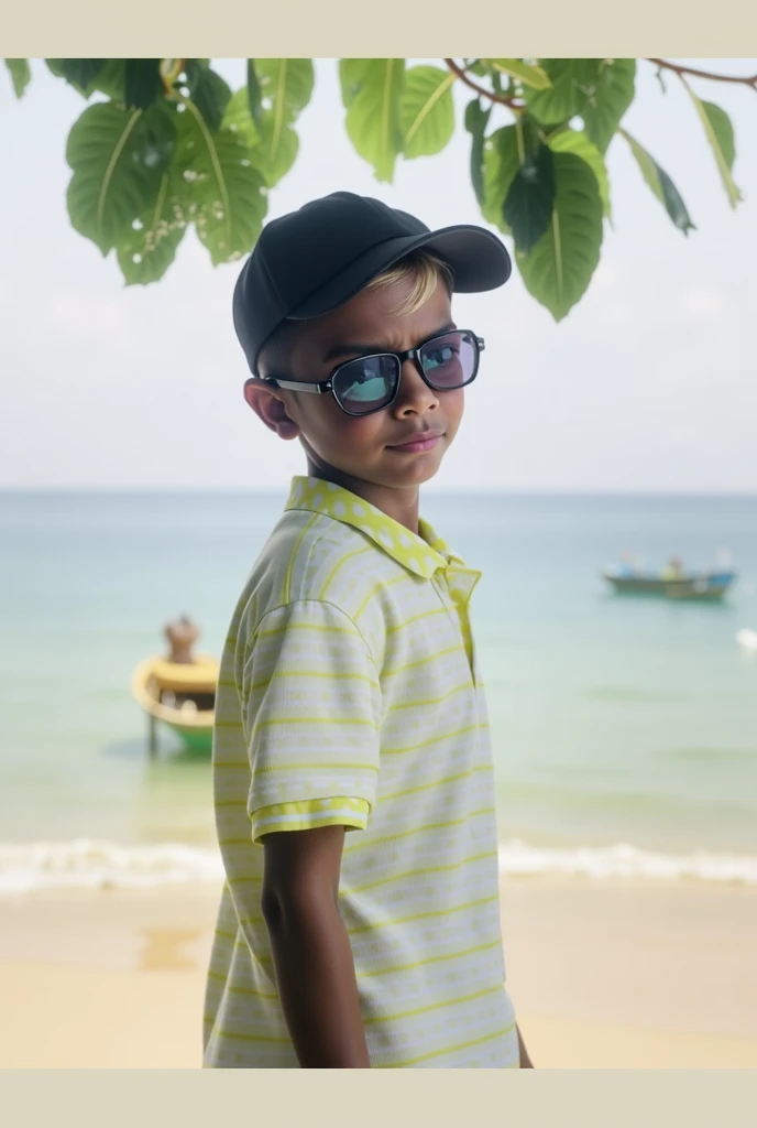 A boy standing infront of a blue pond, beautiful natire, ultra realistic image , 8k resolution