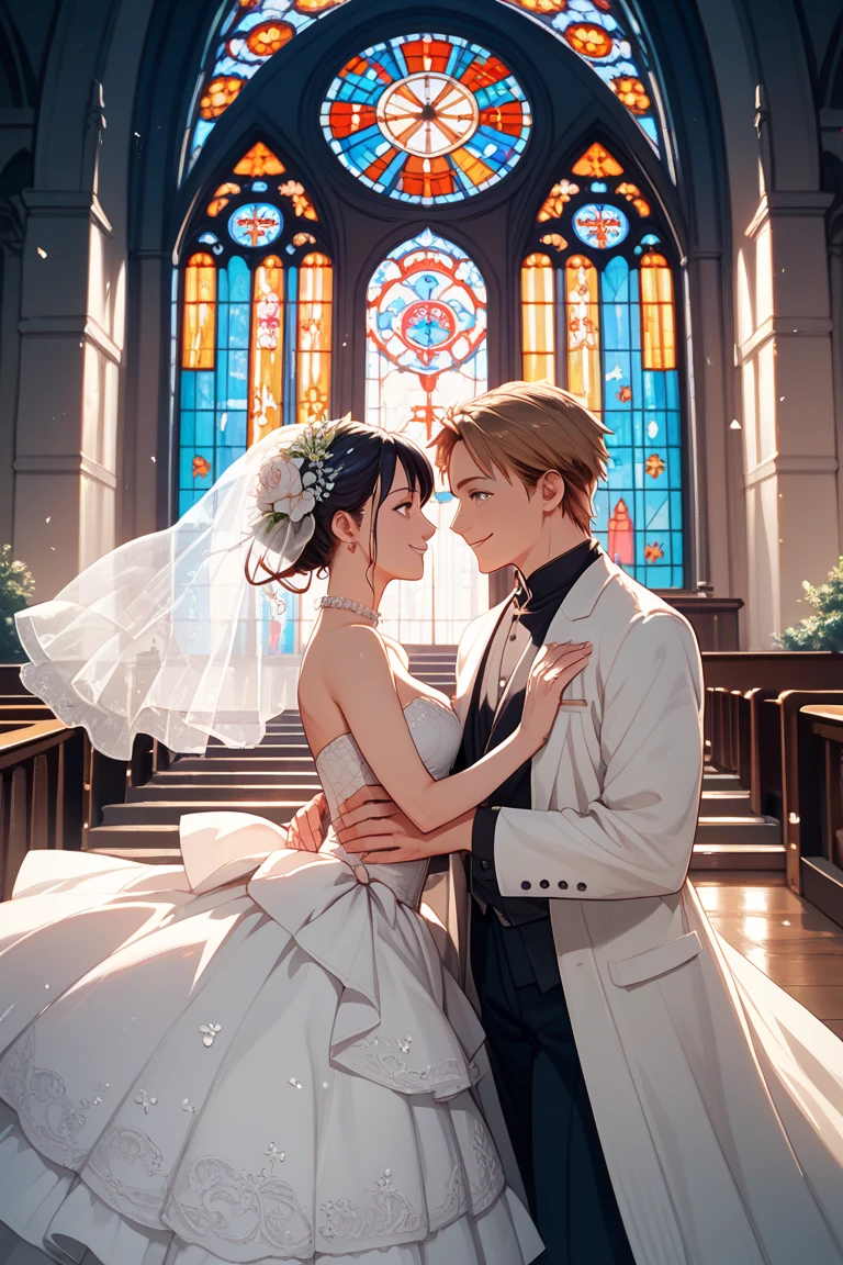 (masterpiece), 4K,{{{2 women}}}, Wedding dress,tuxedo,Lesbian,shoes,Random hairstyle,headgear, wedding,church,牧師の前で誓いのkiss,kiss,Angle from a distance