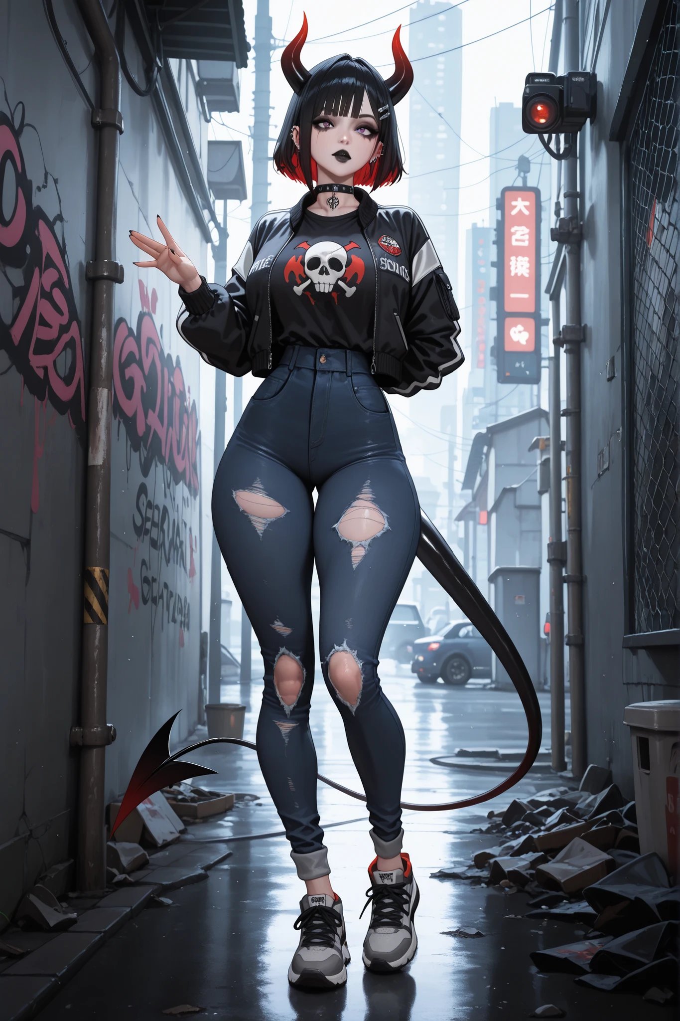 (tangobat:0.7),(Sakimichan:0.7)(High CT quality,4k,High resolution,main piece:2.3),(Very detailed,Realistic:1.37,Best quality,masterpiece, high resolution,on_body), (Tyndall effect,photorealistic, Edge lighting, Two-color lighting),(high definition skin:2.3), (8K UHD, DSLR quality, soft lighting, high quality, surround lighting, sincere, de 8K , 4K, 8K.) skinny tired girl is belong to emo/goth subculture. She has obsidian black hair with highlighted white strands , she has a wolf haircut and long bangs that hide half of her face. She has a lot of metal hairpins, barrette, hair clips on her bangs. Her eyes are purple. She has black Gothic makeup: black lipstick,black eyeliner and leaking mascara, black eye shadow. She has a lot of piercings and tattoos. On her neak she wears a spiky choker. She is dressed in a gray torn brand T-shirt with a skull print or metallica band, a bomber sport-jacket with set of safety pin and badges, oversized jeans with ripped holes on her knees, and gray sneakers. Her palms is bandaged. on her forehead two obsidian black devil horns,behind her back devilish pointy tail. She is walking around. On background: an alley where the walls are covered with graffiti and the passage is twisted by a chain-link fence. on the background is fogy abandoned city.