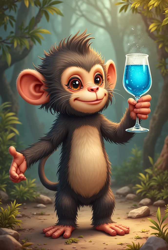 Create a monkey holding bottles at a party with the words blue.after