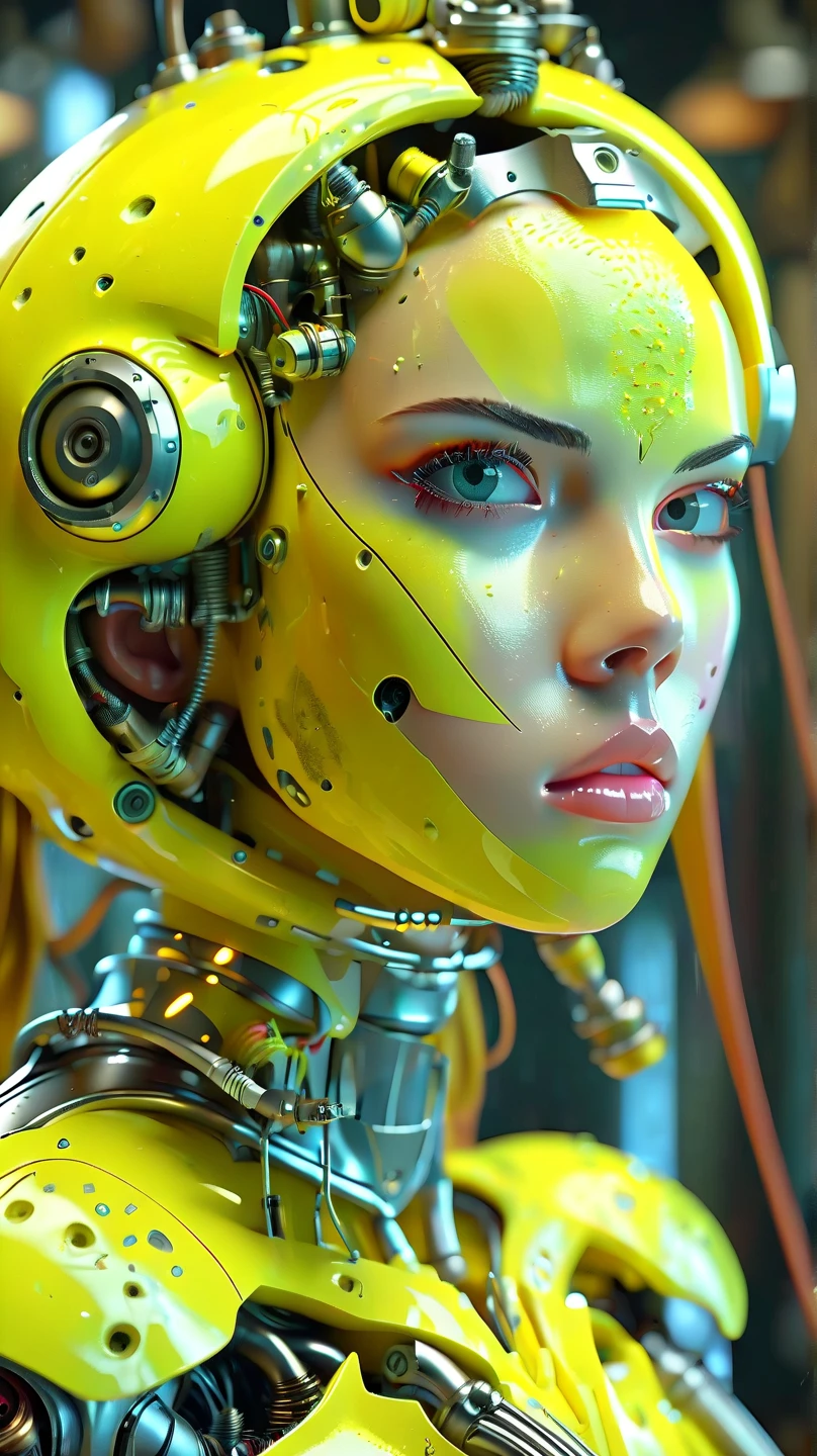 FRONT VIEW PHOTOFRAPHY, in front of a PINK wall, an asian cyborg woman head without body, connected by cables, twisted cables and wires and LED, atractive eyes body punk PLC Robots with silver motor head, with ray guns, 80 degree view, art by Sergio Lopez, Natalie Shau, James Jean and Salvador Dali, (yellow background:1.5)