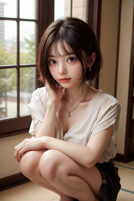 table top, highest quality, one girl, (beautiful girl:1.3), (16 years old:1.2), extremely fine-grained clarity, (symmetrical eyes:1.3), (Cute sleeveless:1.3), beautiful breasts, brown eyes, parted bangs, brown hair, upper teeth