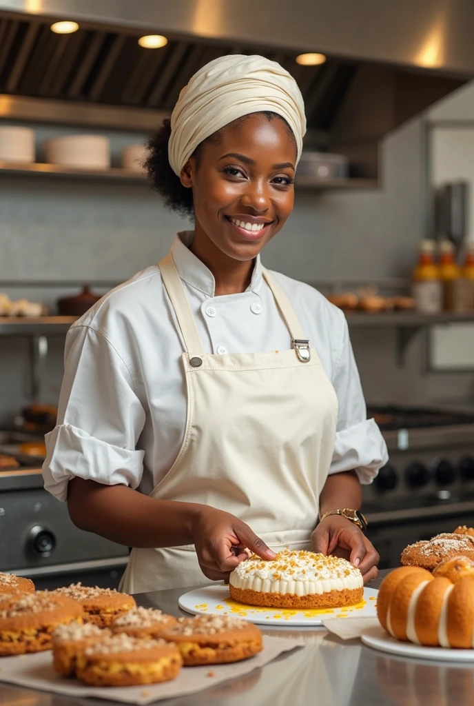 (medium full shot) of (charming baker) young woman, black american, dark skin, hazel eyes, tiny build, short red french braid hair, wearing a baker hat,beige sweater, apron,slacks, black dress shoes, holding a rolling pin, set in Pastry Shop, Display Area, bright space with glass cases showcasing pastries, a wooden counter with a register, shelves with beautifully decorated cakes, a coffee station, woman smiling, Masterpiece,best quality, photo, realistic, very aesthetic, detailed face,