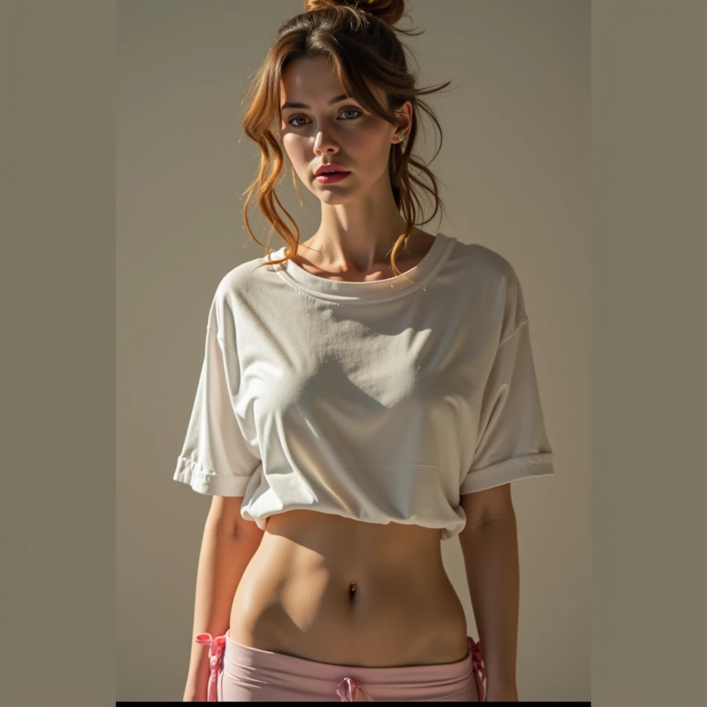 1girl, european girl, the bun hirstyle, light-brown hair, oversized white t-shirt,white pantyhose, without lengire, standing, school gym, school, realistic, source_photo, deatiling panting, brown eyes, detailing body, front view, without shorts, camel toe