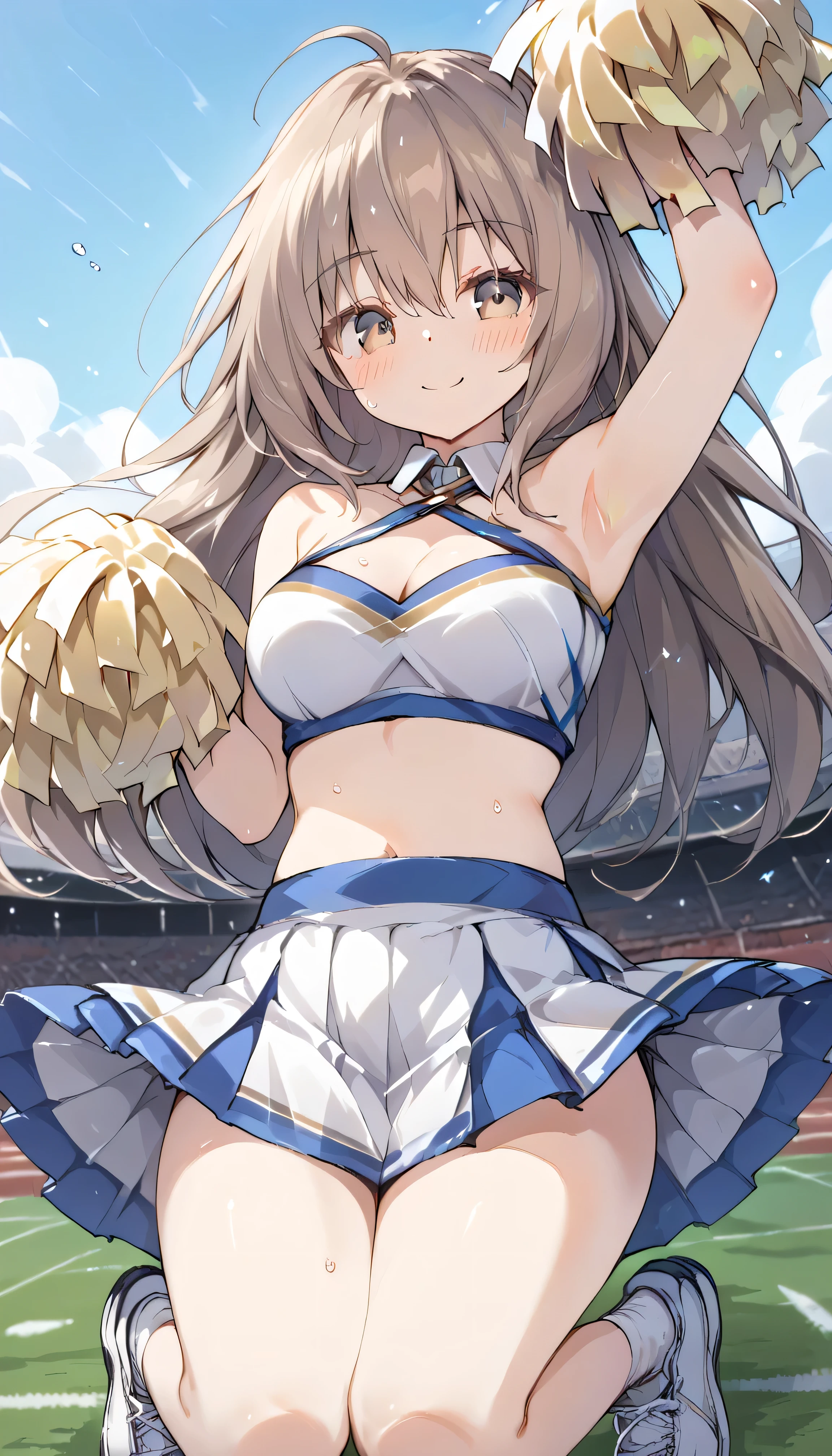Def_Soma, brown hair, brown eyes, long hair, medium breasts, solo, I can see my eyebrows from the inside of my hair, hair between eyes, is embarrassing, masterpiece, Best Quality, very aesthetic, thick thighs, Wide pelvis, blush, cheerleader, detached collar, white crop top, two-tone crop top, midriff, criss- cross halter, two-tone skirt, white skirt, miniskirt, pleated skirt, holding pom poms, pom pom (cheerleading), white sneakers, stadium,stylish pose, smile closed mouth
