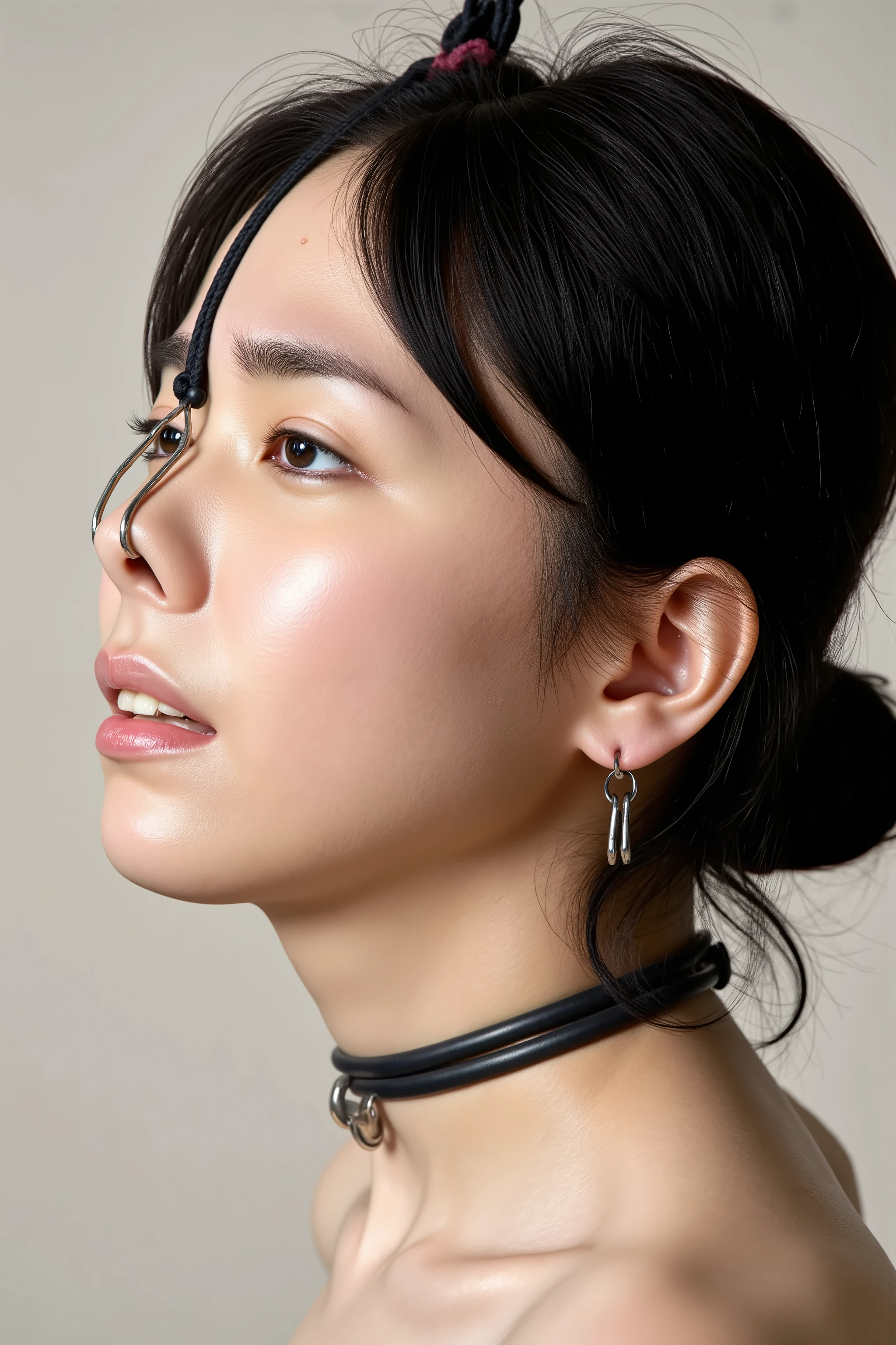 A high resolution photograph of a Japanese adult woman, masterpiece, photo-realistic, natural lighting, film grain, portrait, fashion shoot, solo, 1girl, off-shoulder dress, glossy black hair slicked back, detailed face, detailed eyes, sophisticated nose, pale skin, fine-textured skin, full smile, (collar, nose hook with chain wrapped around top of her head, nose hook makes her nose look like a pig nose, hooking in her nostrils:1.5), (profile, side view, view from below, facing up, chin-up, face focus:1.4), close-up of face, simple background,