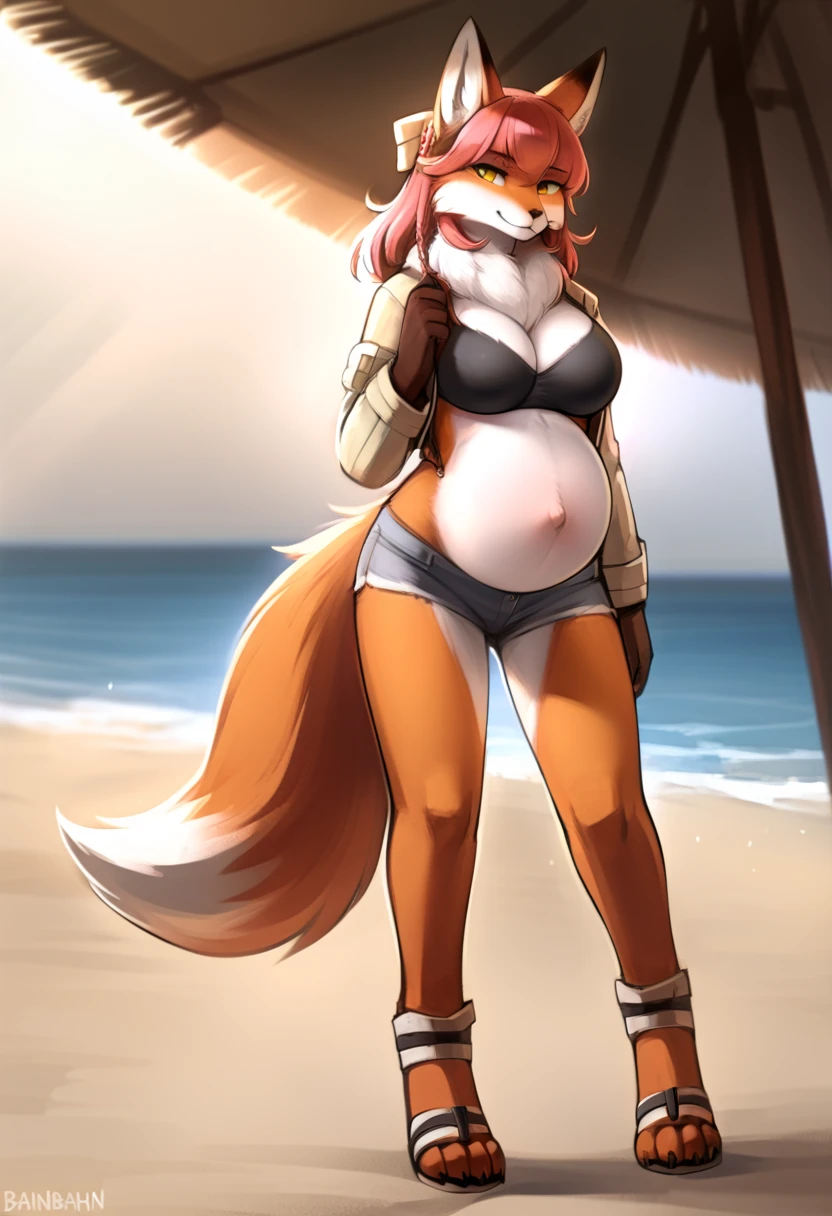 top quality, best quality, by bahnbahn, High-quality illustrations, masterpiece, shading, light)(kemono, furry anthro, alone), round, 1 female, werefox, chubby body, overweight, furs, tails, wide hips, big breasts, perfect eyes, blue eyes, body movement, summer beastian bikini, body movement, shy, red blushing, sea beach,