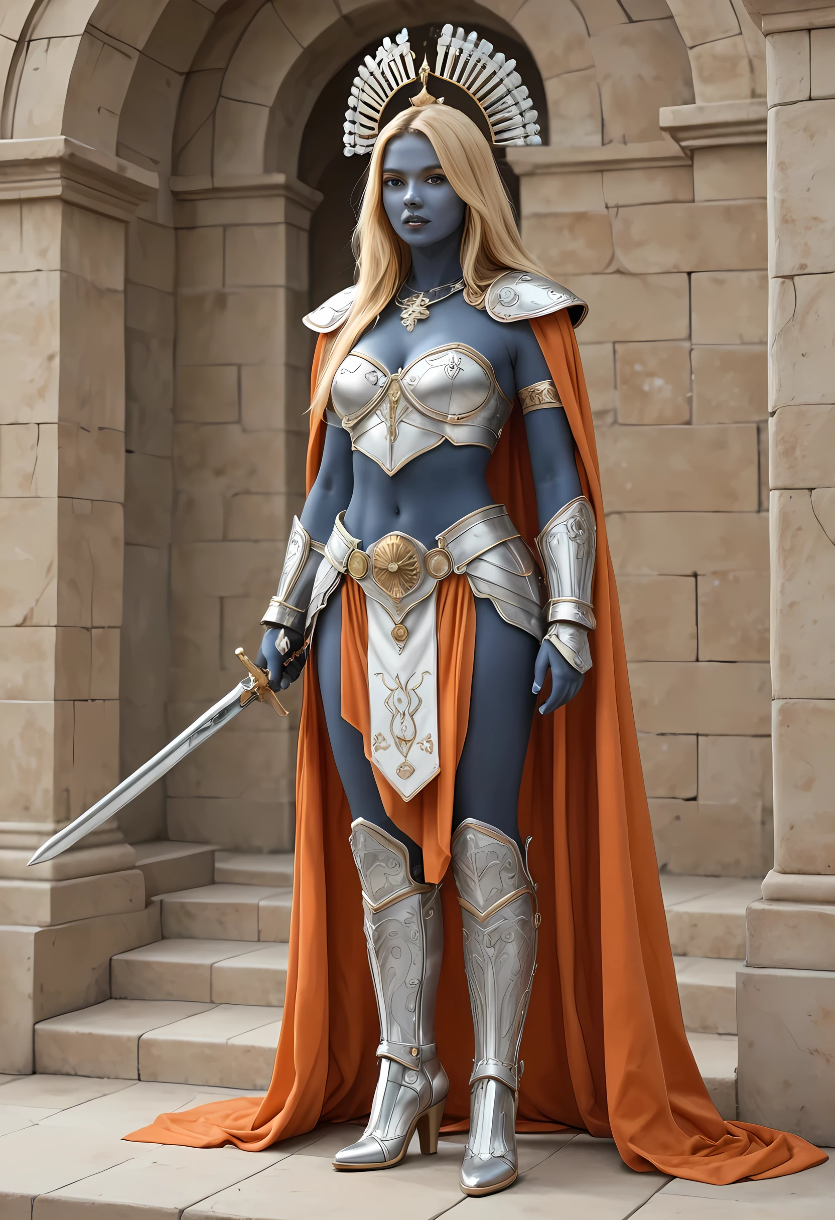 portrait of a female cleric ((dark blue skin: 1.5)), intense details facial details, exquisite beauty, cleric, ((dark blue skin)) female, ((yellow hair)), long hair, (((no ears))), (green eyes)), armed with a fiery sword red fire, wearing (twilight priestly combat vestments: 1.5), wearing white armor, wearing high heeled laced boots, wearing white armor, wearing an (orange cloak:1.3), wearing glowing holy symbol, fantasy art, dnd art, RPG art, wide shot, (masterpiece: 1.4) intense details, highly detailed, photorealistic, best quality, highres, within fantasy temple background, reflection light, high details, best quality, 16k, [ultra detailed], masterpiece, best quality, (extremely detailed), close up, ultra wide shot, photorealistic, RAW, fantasy art, dnd art, fantasy art, realistic art,((best quality: 1.5)), ((masterpiece: 1.5)), (detailed), perfect face, strapless, lace up stilettos, fantasy, Cinematic Shot, dvr-hgh-fnt, d4f4b