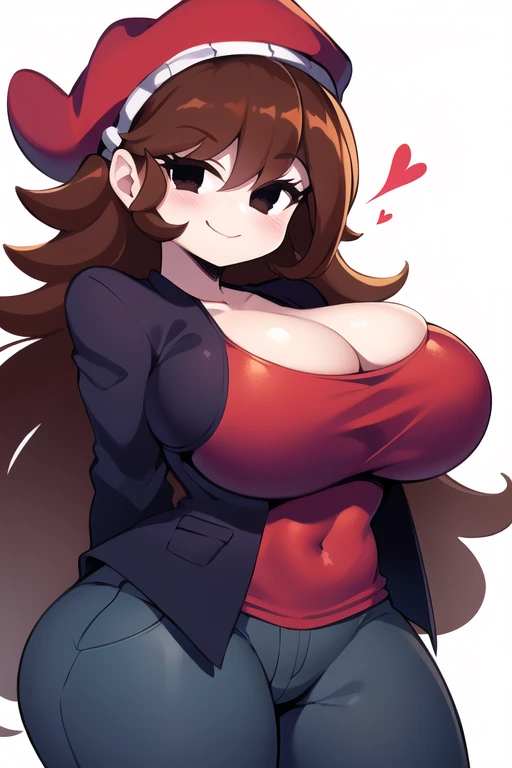 1girl, solo, long hair, smile, open mouth, gigantic breasts, in states Nevada, gloves, navel, cleavage, very long hair, heart, red hair, shorts, black gloves, midriff, fingerless gloves, black eyes, crop top, thigh strap, background, sunglasses, pointing, blush, eyewear on head, finger gun, (ultra-detailed fingers)