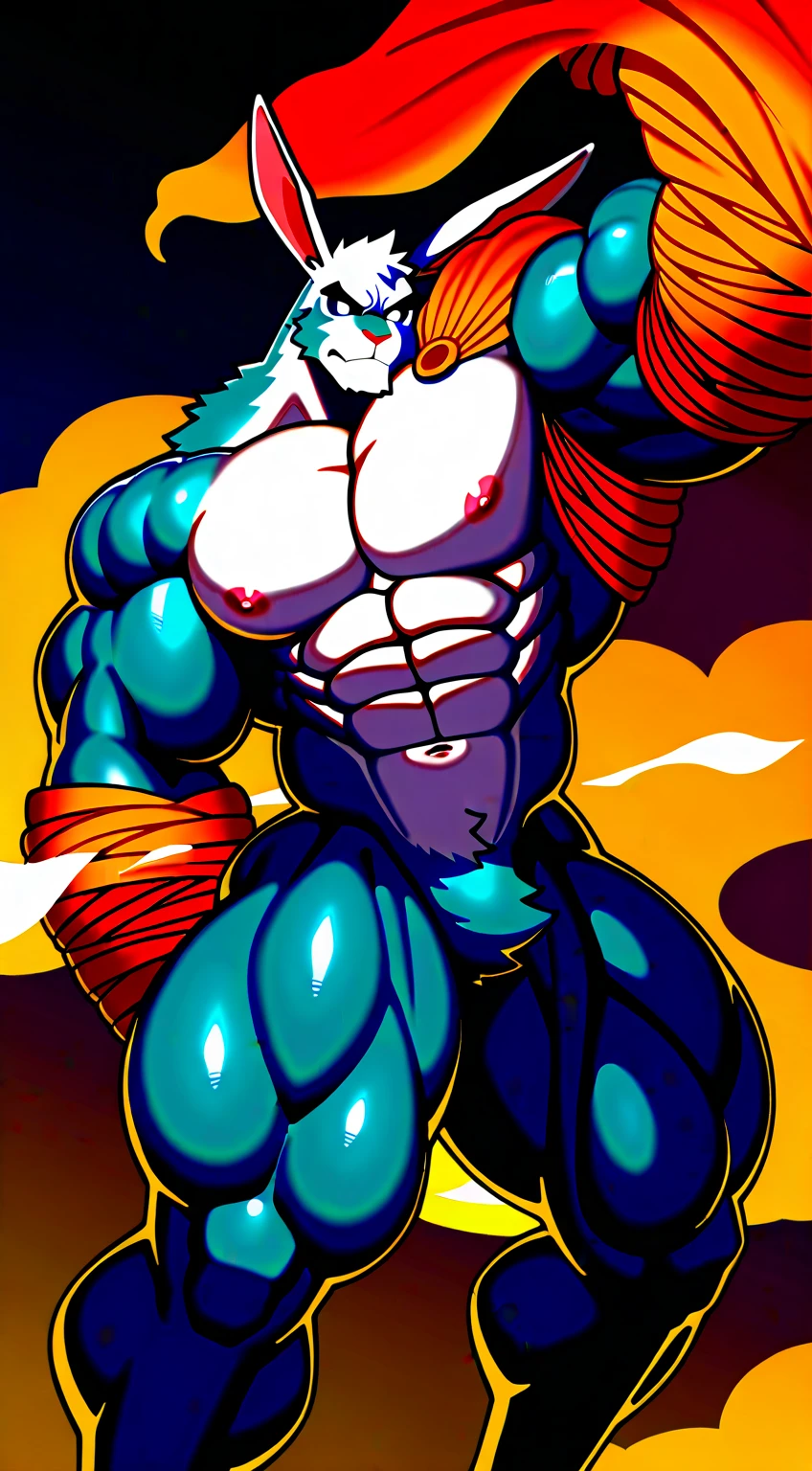 Overly muscular adult Venom wearing a wet black thong flexing his muscles having a seductive and self-confident look on the beach