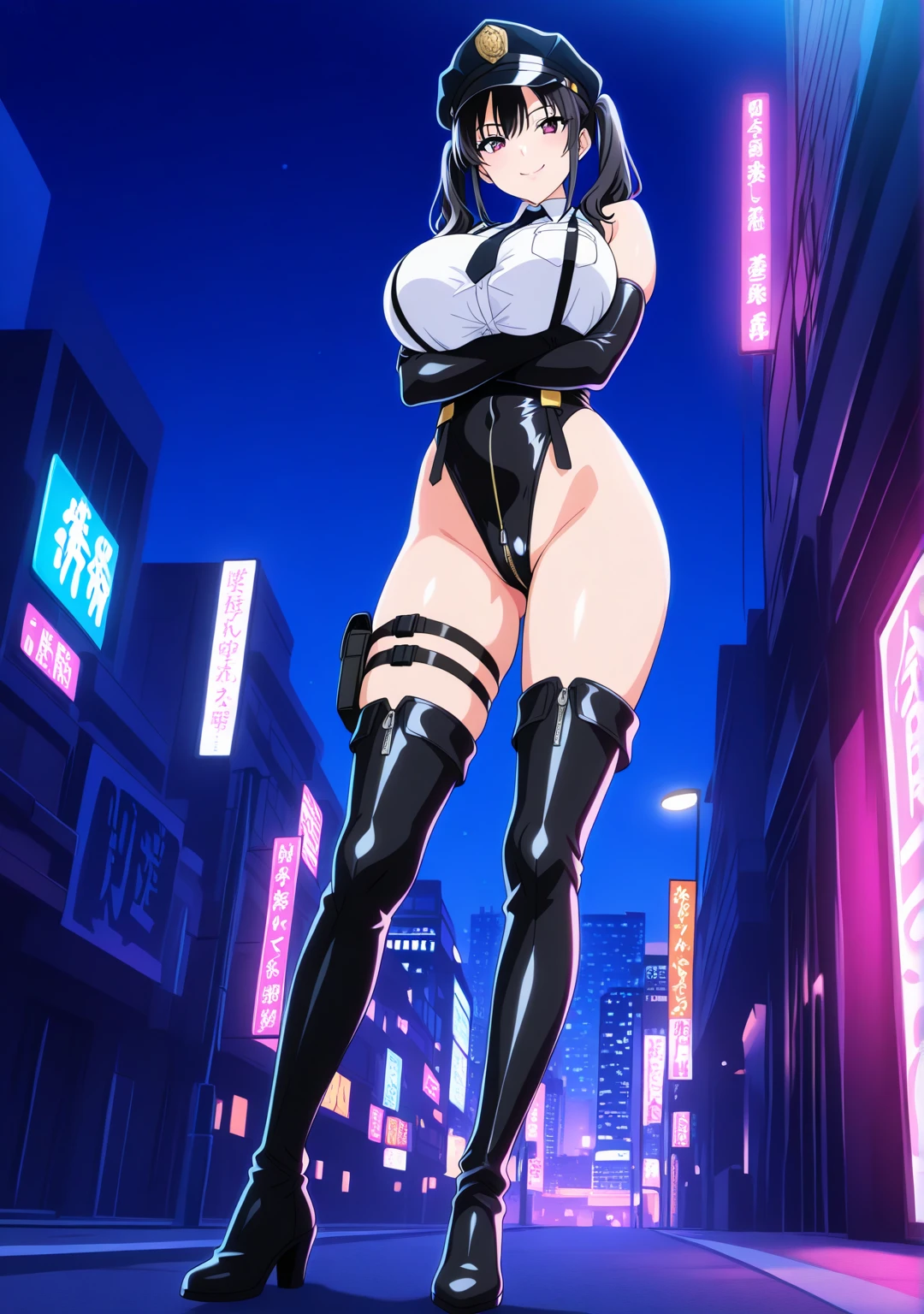 best quality, high resolution, 〚ass focus, from behind),squatting, city, night, 1girl, bare shoulders, bodysuit, curvy, elbow gloves, blush, embarrassed, (huge breasts:1.2)