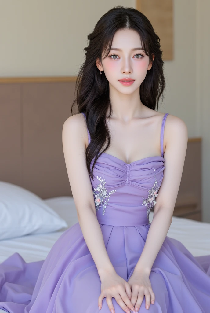 8k, masterpiece, 1 girl, beautiful face, white skin, very long hair, light makeup, detailed eyes, detailed lips, small breasts tight, realistic detailed, very detailed dress, princess dress, (purple dress:1.2), (wearing jewellery:1.5), (lace:1.4), ((stage background)), sitting,