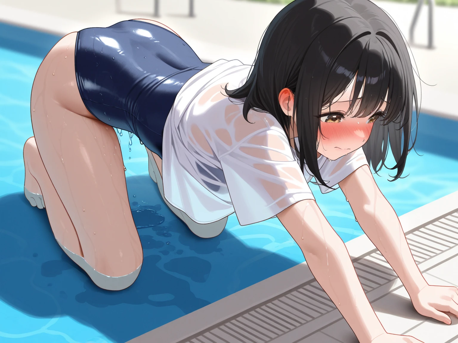 pieces fly、masterpiece、highest quality、Super detailed、High resolution、High resolution、8K portrait、Unity 8k壁紙のHigh resolutionCG、unity 8k wallpaper、cute type little:1.5、:1.5、Highly detailed CG unity 8k wallpaper、realistic、real person、cute type little、 portrait photography、shiny skin、High resolution、(16 years old:1.2)、(1 girl)、beautiful clear eyes、very detailed explanation、delicate face、nice lips、slender body、Same with big breasts thin waist、thin legs、(school poolside:1.6)、1 girl, cute type, perfect face, seriously, (blush:1.5),Same with big breasts,(((school swimwear:1.2), (??????? big anus:1.2), Detailed description vagina,Show butt hole、distress,  blush:1.5, think back:1.5, (open anus:1.6),(retrospective perspective:1.5)