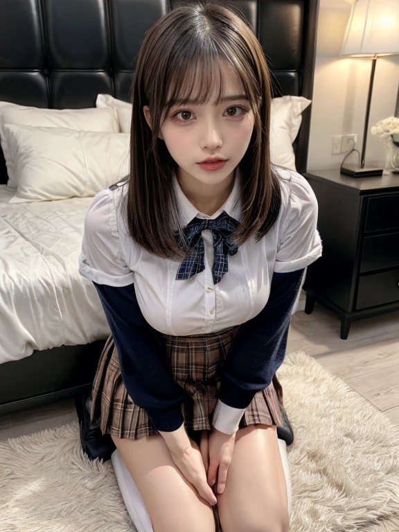 ​masterpiece、top-quality、超A high resolution、(photographrealistic:1.4)、((1girl in、White fair skin:1.itting at the desk、From  above、looking at the viewers、spotless、cute little、The long-haired、A dark-haired、Light Brown Fringe Hair、Braided hair、disheveled hair、Light brown eyes、、short hair with bangs、bursting milk in the same way))、(School Uniforms:1.5), (wearing a beige knitted sweater over a white shirt,,,,,,,,,,,,,,,,,,,,,,,,,:1.5), (Red bow:1.3), (Plaid pleated skirt:1.3),(A smile)、High detailed eyes、(((‎Classroom)))、long neck、(((short hair with bangs)))、Lashes、(((natural soft light、gazing at viewer、Entice your audience、爆乳、ghlights in the eyes)))、[(Hassleblad H6D-400c)], [(Medium format image)],[(dream-like)],[(400 mega pixels)], (Photorealsitic:1.4), (Raw photography:1.2), (8K), (​masterpiece:1.3), (realisitic), (A hyper-realistic), ultra-detailliert, illustratio, very_high_Realistic:1.5 ,very_high_resolution:1.5, nffsw, nffsw, Unity, 8K Picture Wallpaper, astonishing、finely detail, Official art, Highly detailed ticker Unity 8k wallpaper, (top-quality), incredibly absurdness, ultra-detailliert, Light on the Face, cinematric light, 电影灯光, Professonal lighting、photon maping、Radio City、physically-based renderingt、solofocus、foco nítido、 hight resolution、ighly detailed、extremely delicate and beautiful、intricate detailes、face muscles、a beautiful detailed girl、Natural makeup、extra detailed face、looking at away、(爆乳:1.、(Emphasis on the chest:1.3)、(Emphasis on the thighs:1.5)、(Lift the skirt to expose the white panties