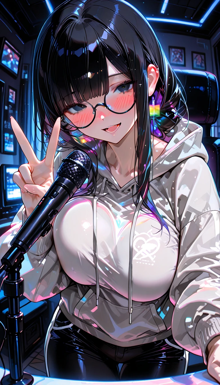One Woman、beautiful girl、Sit on a chair、Big glasses、Dark Room、computer、Sit in a gaming chair、High-end headphones、Grip the game controller、computerに向き合う、beautiful girl, Highest quality, Tight T-shirt、Tight T-shirt、Game Geek、Thick thighs、Big 、Big Ass、Black Hair、long hair、Bangs、Sweaty body、I'm sweating all over、???? sound effects、Excited、Stripes々Panties、Play naughty games