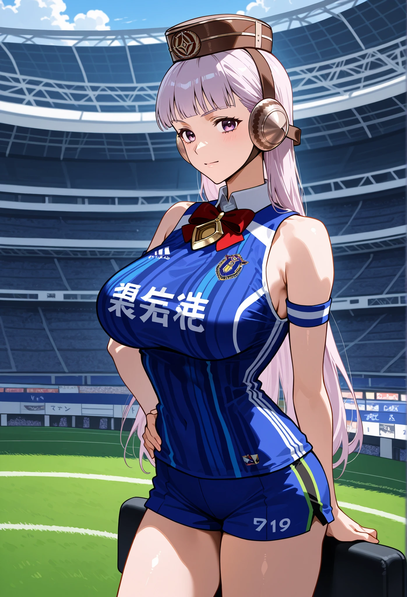 one girl、solo、gold ship、soccer stadium with stand seats、Stand in the stand