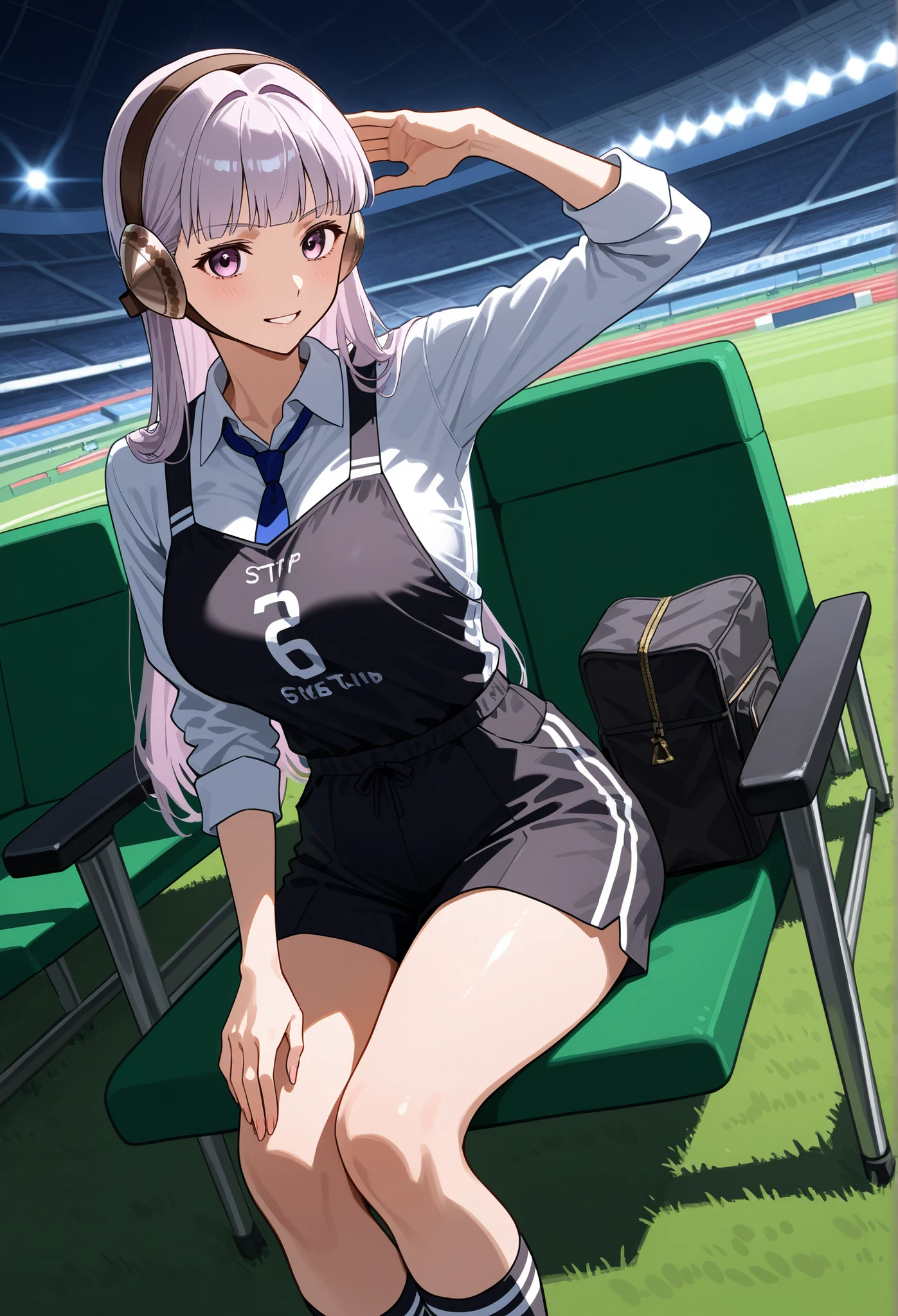 one girl、solo、gold ship、soccer stadium with stand seats、Stand in the stand