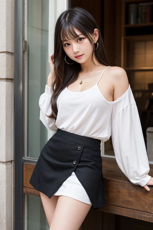 ((Highest quality)), ((masterpiece)), (detailed), One girl, sexy、(black offshoulder,black mini skirt),(blond hair,long hair,Bangs down),(skirt lift show off panties 1,5),in bar