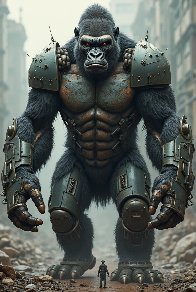 This is an ultra-detailed Unity 8k CG wallpaper, ultra detailed head, high-resolution and top quality in cyberpunk style, dominado por preto e vermelho. Depois da foto, Um gorila malvado, fechar, mostrando os dentes de raiva, wearing a steam mecha mask, standing on the ruins, behind him is a huge robot, and the action of a gorilla holding a heavy sniper rifle in his hand,