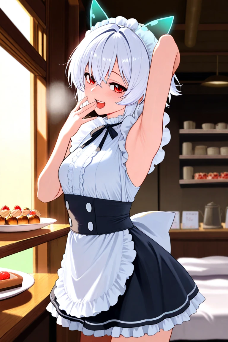 anime girl,mommy,yellow  eyes,shorth hair,maroon,skin fair,medium breasts,big thighs,apron,in kitchen, glad 