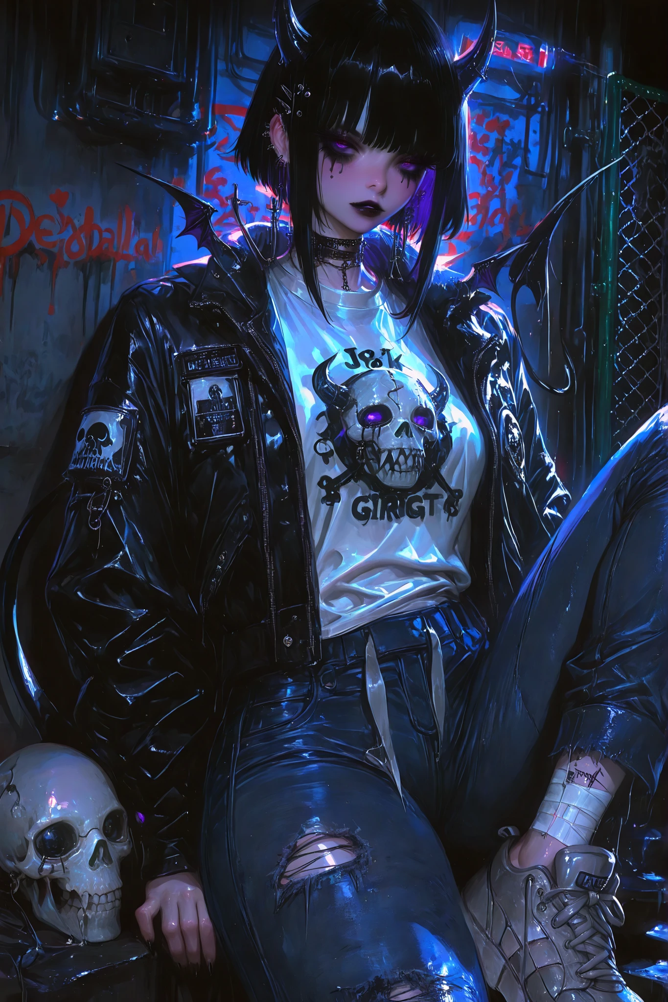 (tangobat:0.7),(Sakimichan:0.7)(High CT quality,4k,High resolution,main piece:2.3),(Very detailed,Realistic:1.37,Best quality,masterpiece, high resolution,on_body), (Tyndall effect,photorealistic, Edge lighting, Two-color lighting),(high definition skin:2.3), (8K UHD, DSLR quality, soft lighting, high quality, surround lighting, sincere, de 8K , 4K, 8K.) skinny tired girl is belong to emo/goth subculture. She has obsidian black hair with highlighted white strands , she has a wolf haircut and long bangs that hide half of her face. She has a lot of metal hairpins, barrette, hair clips on her bangs. Her eyes are purple. She has black Gothic makeup: black lipstick,black eyeliner and leaking mascara, black eye shadow. She has a lot of piercings and tattoos. On her neak she wears a spiky choker. She is dressed in a gray torn brand T-shirt with a skull print or metallica band, a bomber sport-jacket with set of safety pin and badges, oversized jeans with ripped holes on her knees, and gray sneakers. Her palms is bandaged. on her forehead two obsidian black devil horns,behind her back devilish pointy tail. She is walking around. On background: an alley where the walls are covered with graffiti and the passage is twisted by a chain-link fence. on the background is fogy abandoned city.