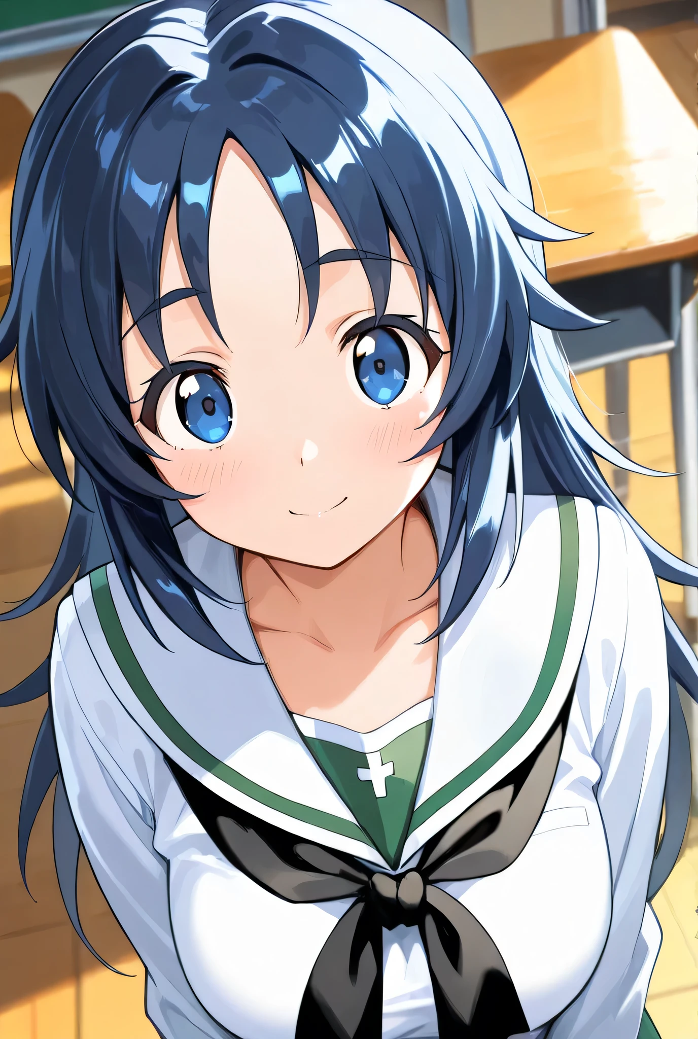 yamagou ayumi,ooarai school uniform,classroom,face focus,front view,looking at viewer,