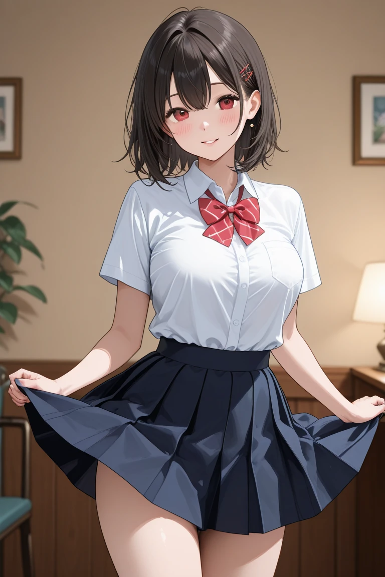 A high resolution、high-level image quality、8K、RAW photography、top-quality、tmasterpiece、masutepiece、Erotic female office worker、Light pink off-the-shoulder bra,No shoulder strap、white skinned、knees、(((Flesh-colored pantyhose)))、Light pink panties are made of lace material、Detailed panty pattern、panty focus、Small panties、Shoot from a low angle below、absurderes,a small face、huge-breasted、Separate bangs from the middle、forehead visible、Ren、Beautiful fece、solo person、独奏、full bodyesbian、Very good、Dark blue female office worker uniform、Dark blue tight skirt、The most popular female employee in the company、A Japanese lady、It's standing,(Photorealsitic:1.37)、photon maping、Pink ribbon、Realistic、Cute little face、with brown eye、Black socks、An adult female of 18 years of age、(Red bow tie)、Radio City、physically-based renderingt、foreground、depth of fields、The background is blurred out、beautifullegs、Long legs、Thin leg、Long Bob cut、(light blue blouse,open chest)、(Navy blue skinny mini skirt), Knees visible,Sheer clothing,, upper legs, Black cotton socks,乃木坂アイドル, 女優, Japanese idol household、Sparkling eyes、shiny lip、Company roof、Natural light is too bright、shining sun、Clear、