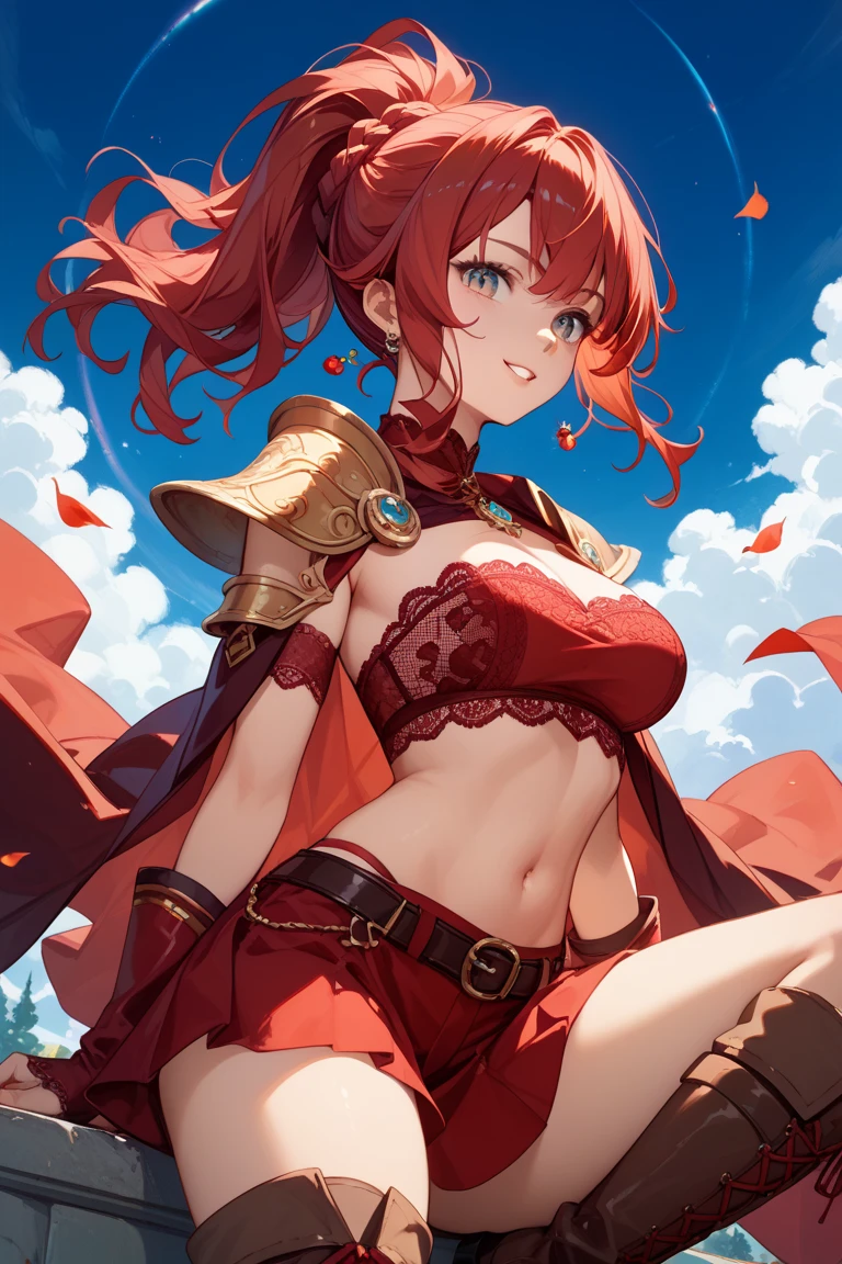 NSFW,{{1 girl, Nekoda Tsuna, vspo!}},Super detailed, masterpiece, absurd, high resolution, very aesthetic, (anime, masterpiece, complexity: 1.3),(Top Quality, High Texture, (4k), (Incredible Detail: 1.4), Full Body, Shiny Skin, Ponytail, Bangs, Cute Face, (Perfect Eyes), (Detailed Eyes), (Shining Eyes), Beautiful Eyes, Bright Eyes, Cute Eyes, Cute Smile, Small Fangs, Cross Earrings, Red Armor, Gold Carving, White Cape Fluttering in the Wind, Highly Detailed Clothes, Beautifully Made Outfit, Gauntlets,  Red Mini Skirt with Gold Decoration, Zettai Ryouiki, Big Breasts, Deep Cleavage, Side Boob, Windblown Hair,Fluffy Waist, Thighs, High Legs, Knee High Socks, Armored Boots, High Heels, Dynamic Pose