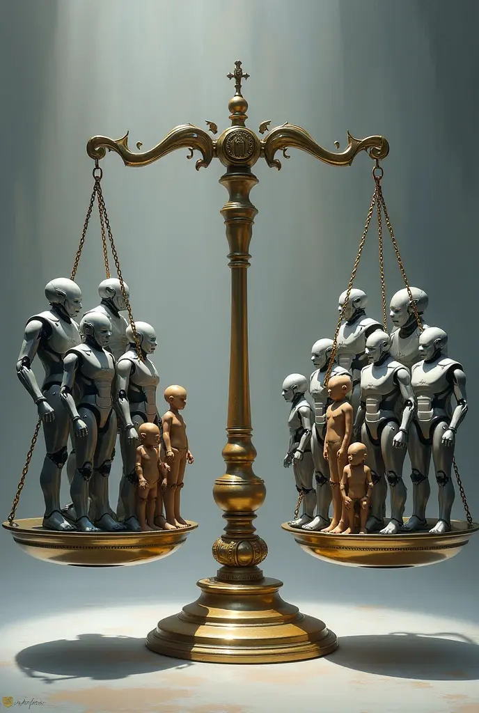 A balanced scale with only robots on one side and only HUMANS on the other.
