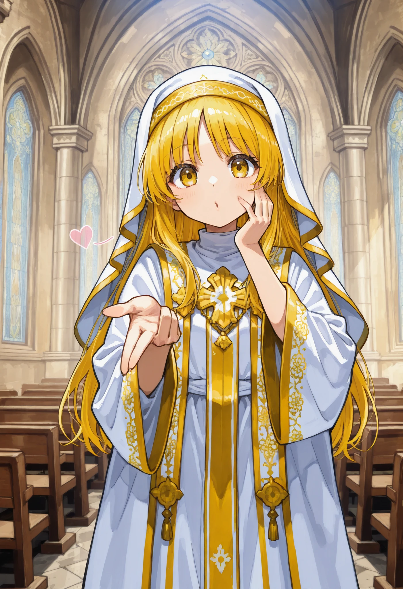 Blowing a kiss with her right hand, making a V sign with her left hand, Left hand on cheek, The Church, the Saint. An appeal to the faithful, White robe with gold embroidery, Yellow Hair
