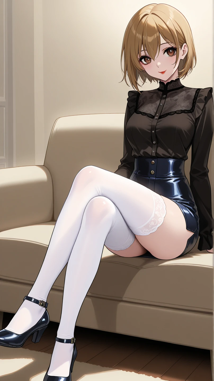 Ambience bedroom，Girls with big eyes and red lips，Leather-wrapped hip skirt，Open your legs，Cocked toes，dingdall effect，