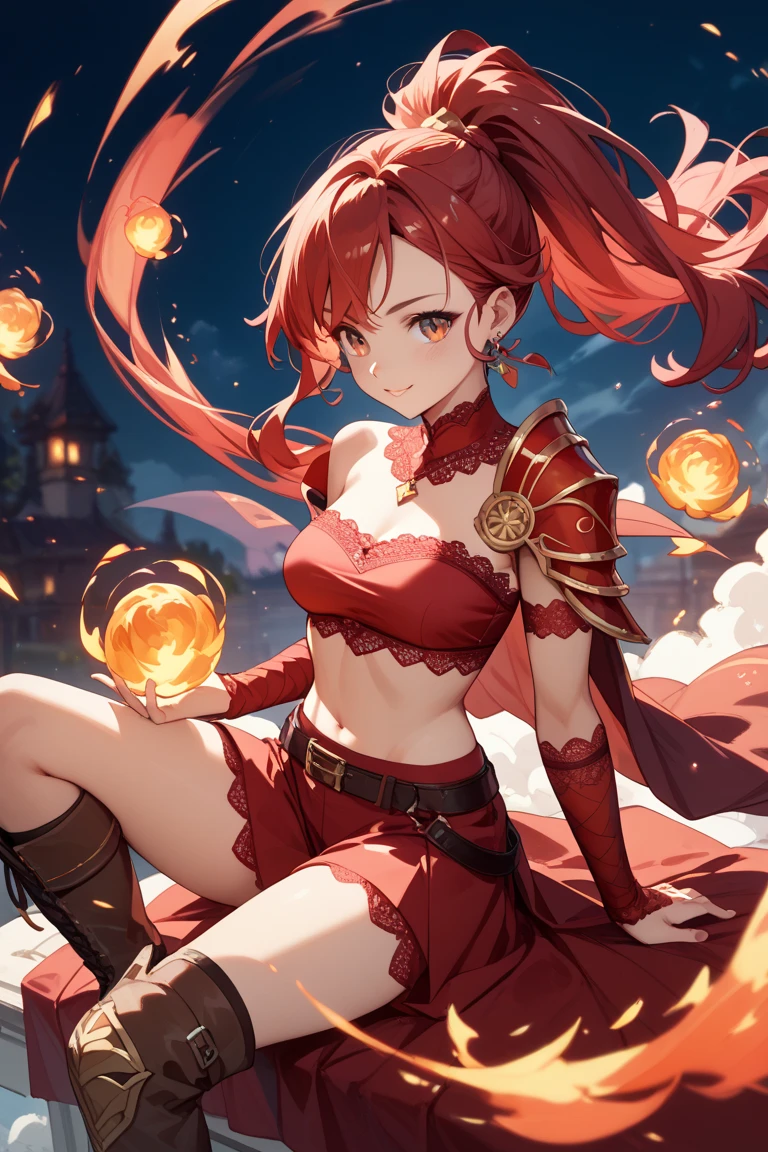 (超高分辨率,best qualtiy,)(Half-orc maiden solo),)Dragon's tail,banya),nedium breasts,Tempting,slender leg,Sharp claws and ears,Red hair,Eye of Fire,blue colors,the night,ambiente dark,Enchanted,the elf,Conservative clothes