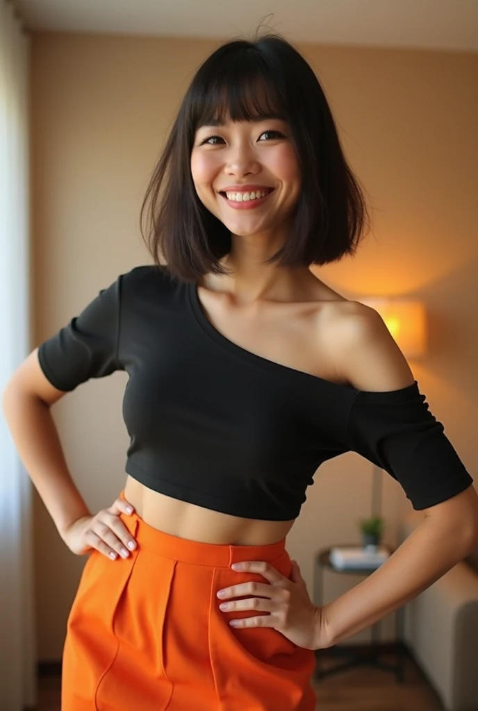 One Girl, short hair,Black Hair,smile,Inside the room, summer,bed,Sit down,Tank top,skirt,5th grade elementary school,Look at the small bulge of her breasts here,transparent, (masterpiece, Highest quality), Soft Light, Structure of the film, Information like a movie
